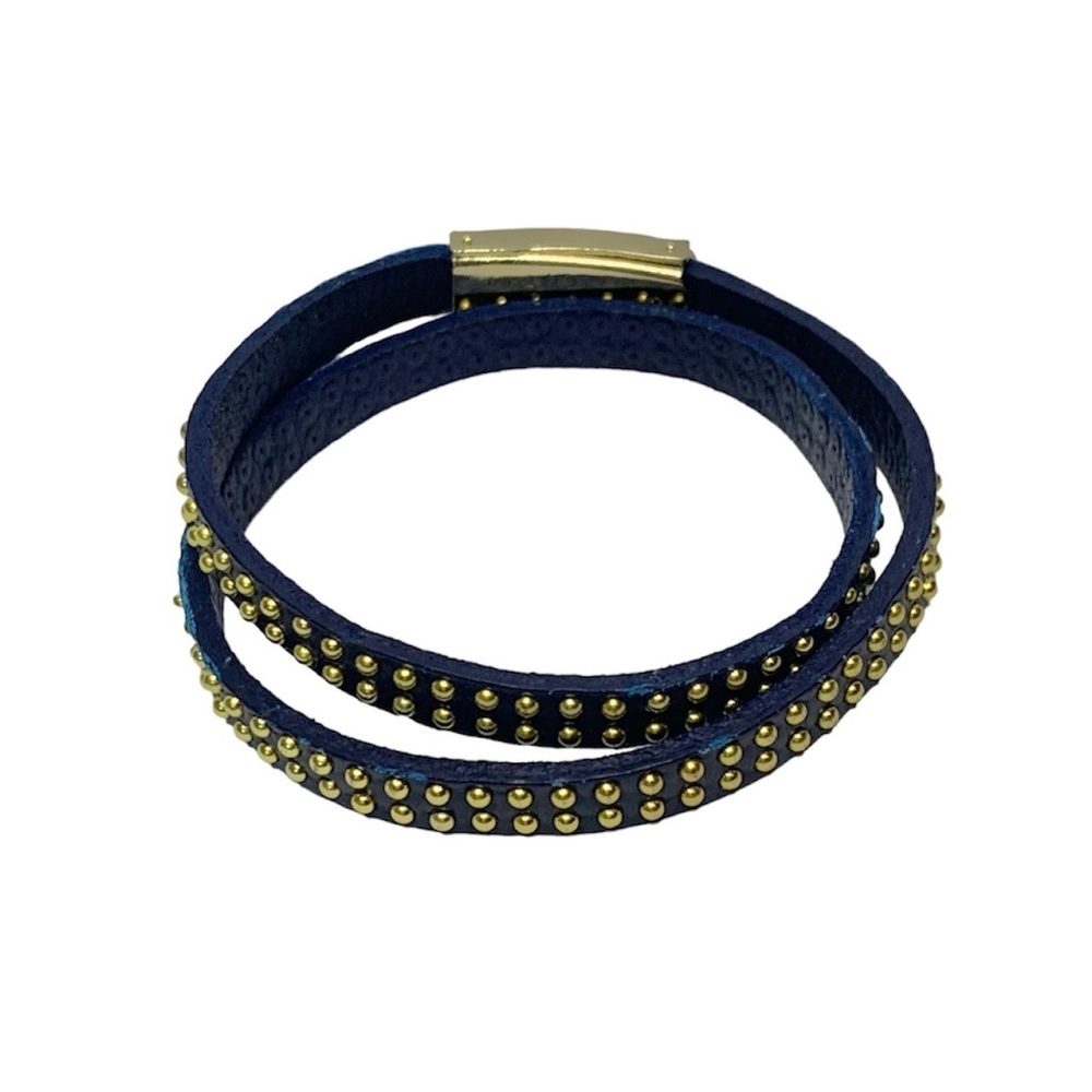 Navy Leather Gold Studded Double Wrap Bracelet